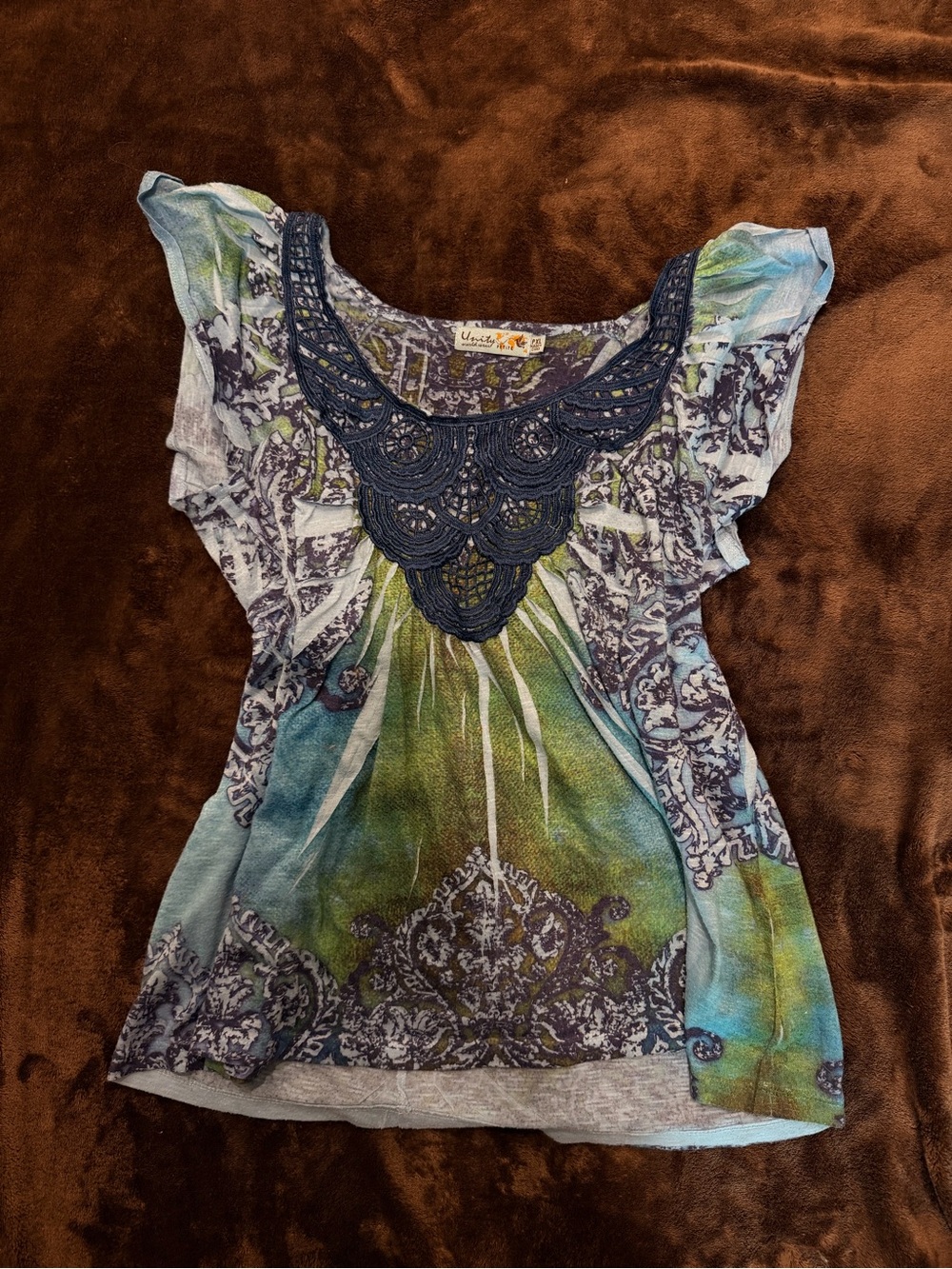Unity World Wear Blue & Green Flutter Sleeve Top with Crochet | Size: PXL